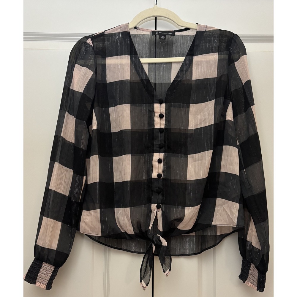 INC International Concepts Womens Blouse Top Beige Black Buffalo Check V-Neck PM